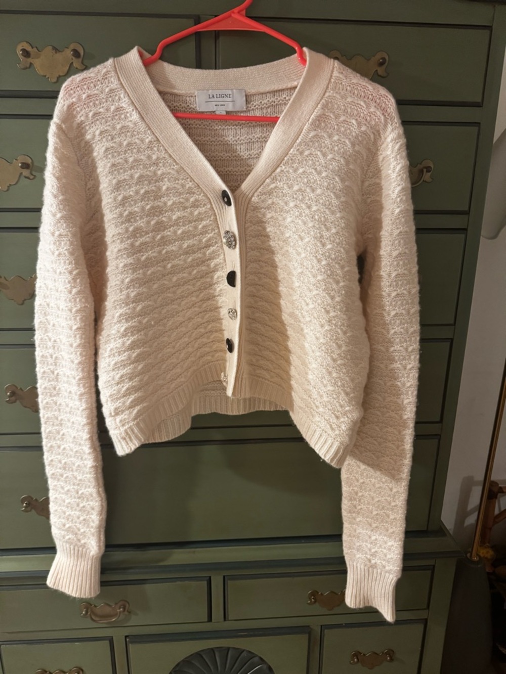 La Ligne Coco Cream Crop Textured V-Neck Button Cardigan, Cashmere Wool, Small